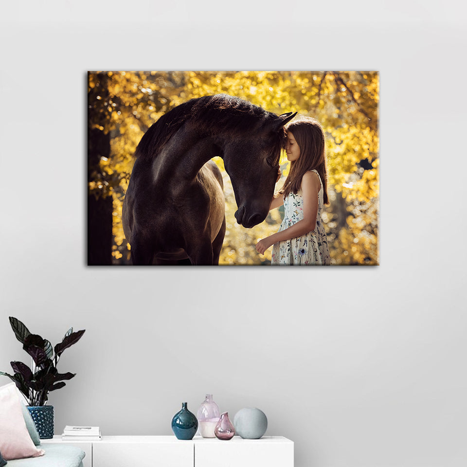 Freundschaft zwischen einem Mädchen und einem Pferd - Leinwand Wandkunst Malerei