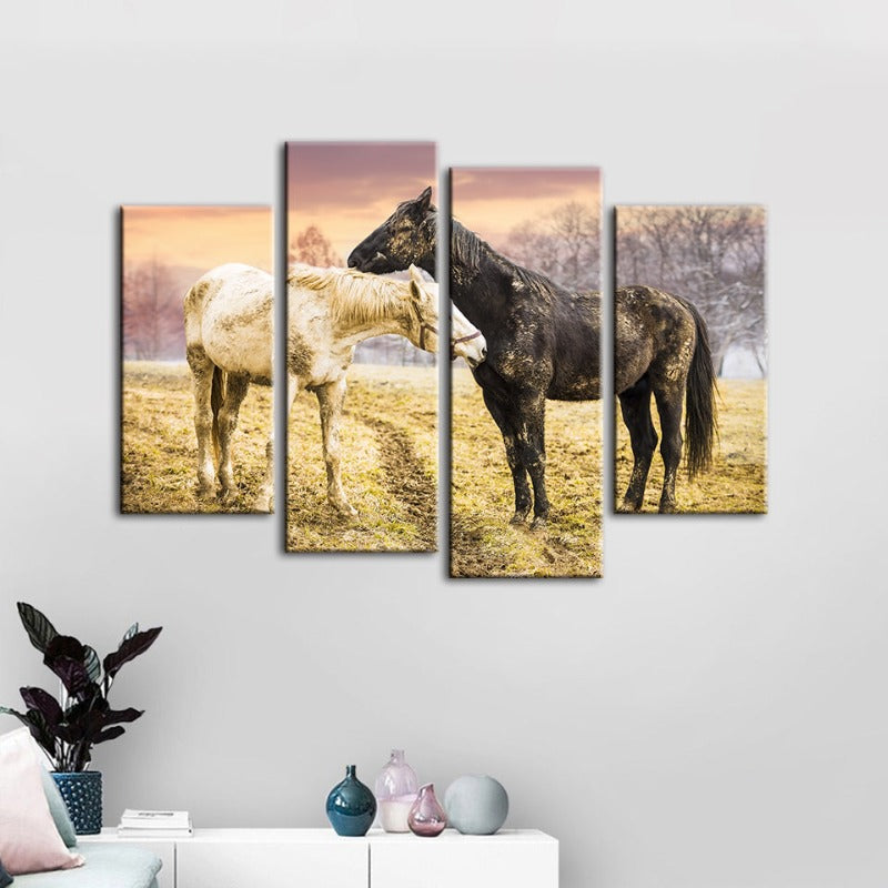 4-teilige Schwarz-Weiß-Pferde - Leinwand Wandkunst Gemälde | Brehn