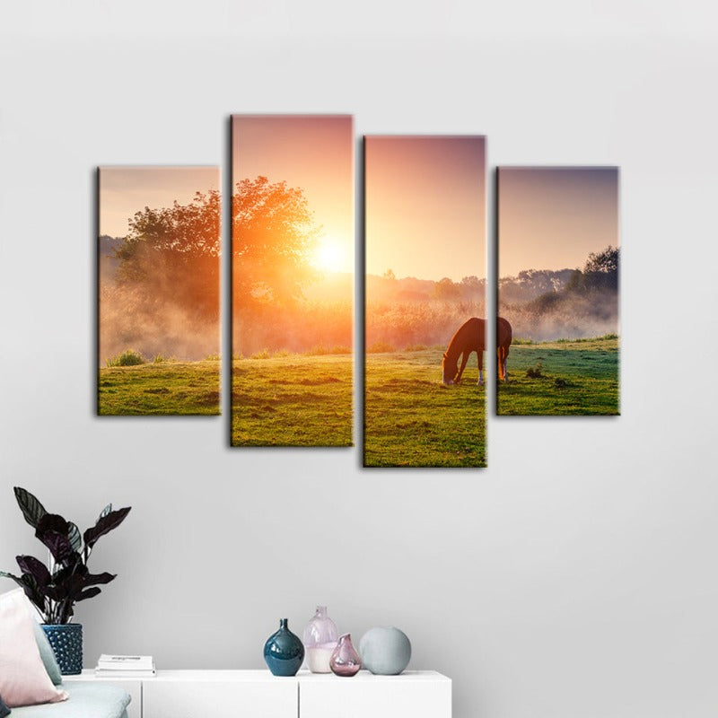 4-teilige Sonnenaufgang Weidepferd - Leinwand Wandkunst Malerei