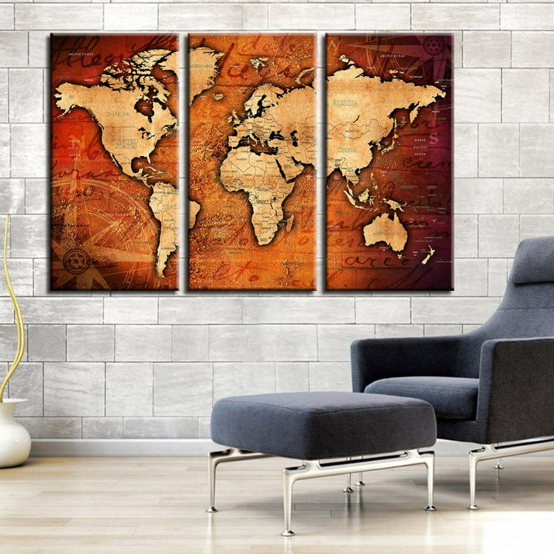 Braun & Rot Rustikale Weltkarte - Leinwand Wandkunst Gemälde 3 Teile