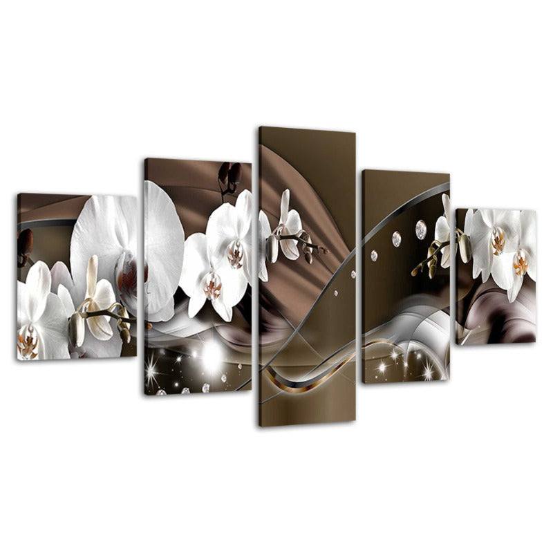 5-teiliges Leinwandbild mit braun-metallischem Hintergrund und weißen Blumen