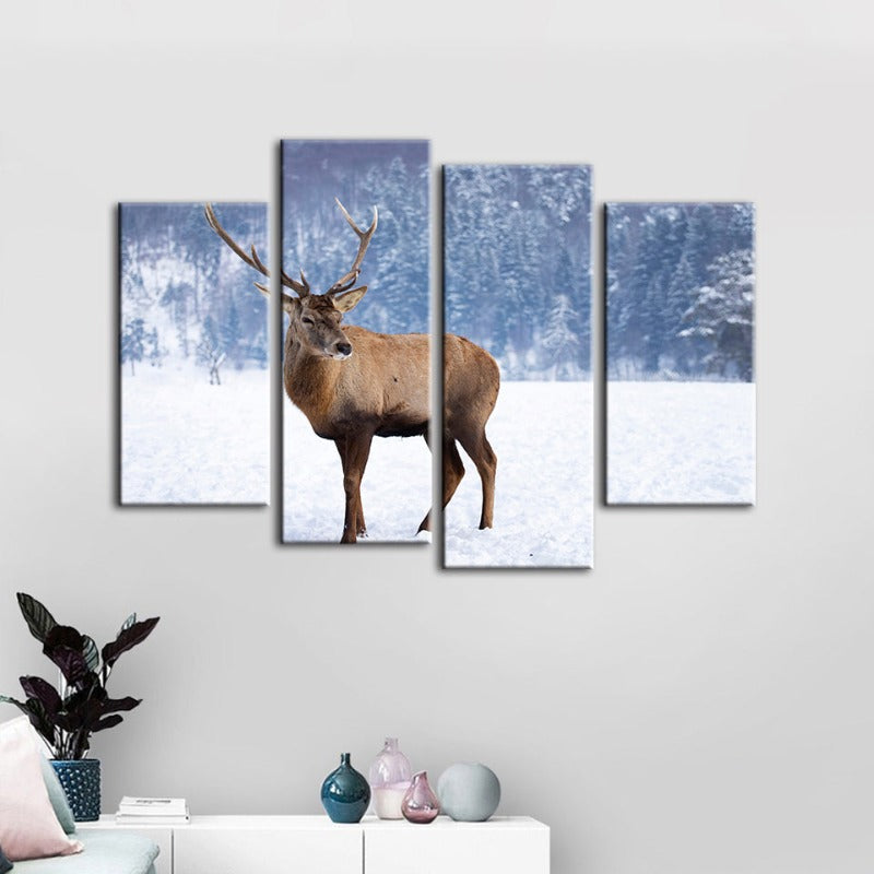 4-teilige verschneite Landschaft Reh - Leinwand Wandkunst Gemälde
