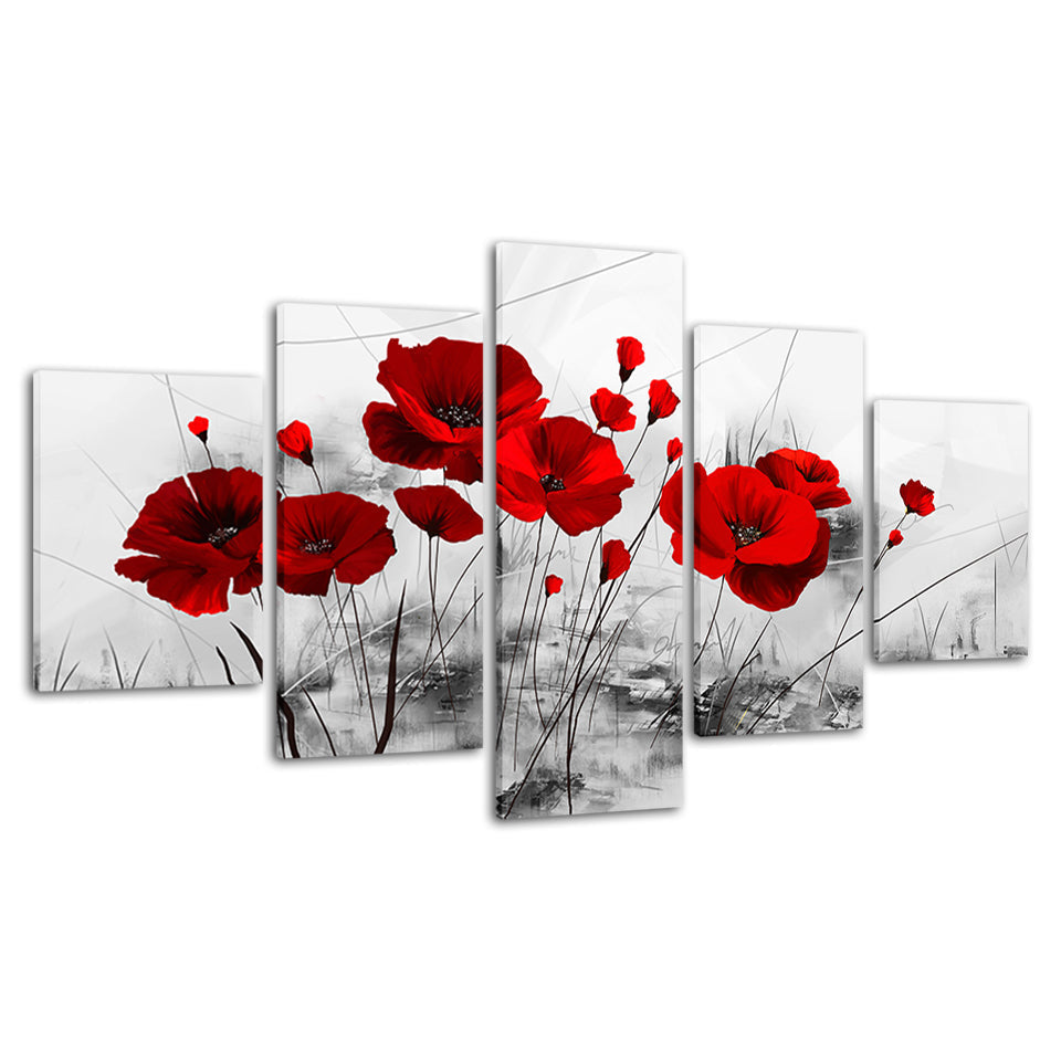 Fette rote Mohnblumen 5 Stück - Canvas Wandkunst Gemälde