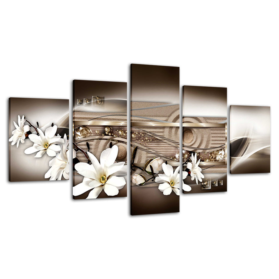 5-teiliges Leinwandbild „Weiße Magnolien mit sandfarbenem Hintergrund“