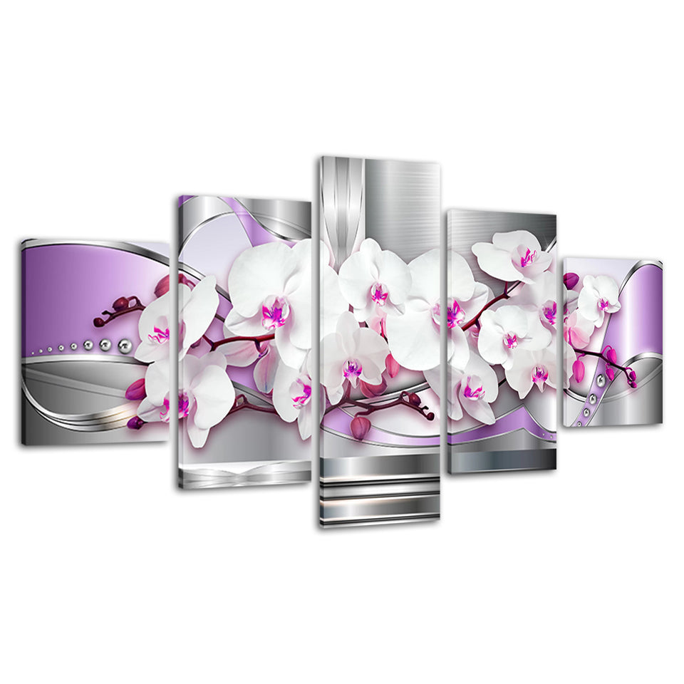 Metallic Weiße und Lila Orchideen 5 Stück - Leinwand Wandkunst Gemälde