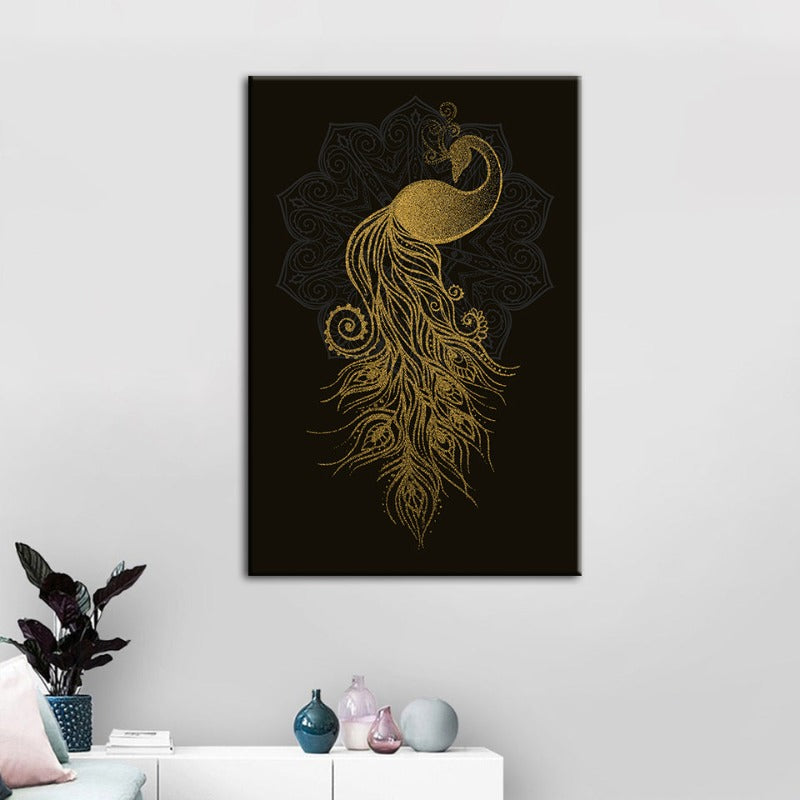 Abstract Golden Mandala Pfau - Canvas Wandkunst Malerei