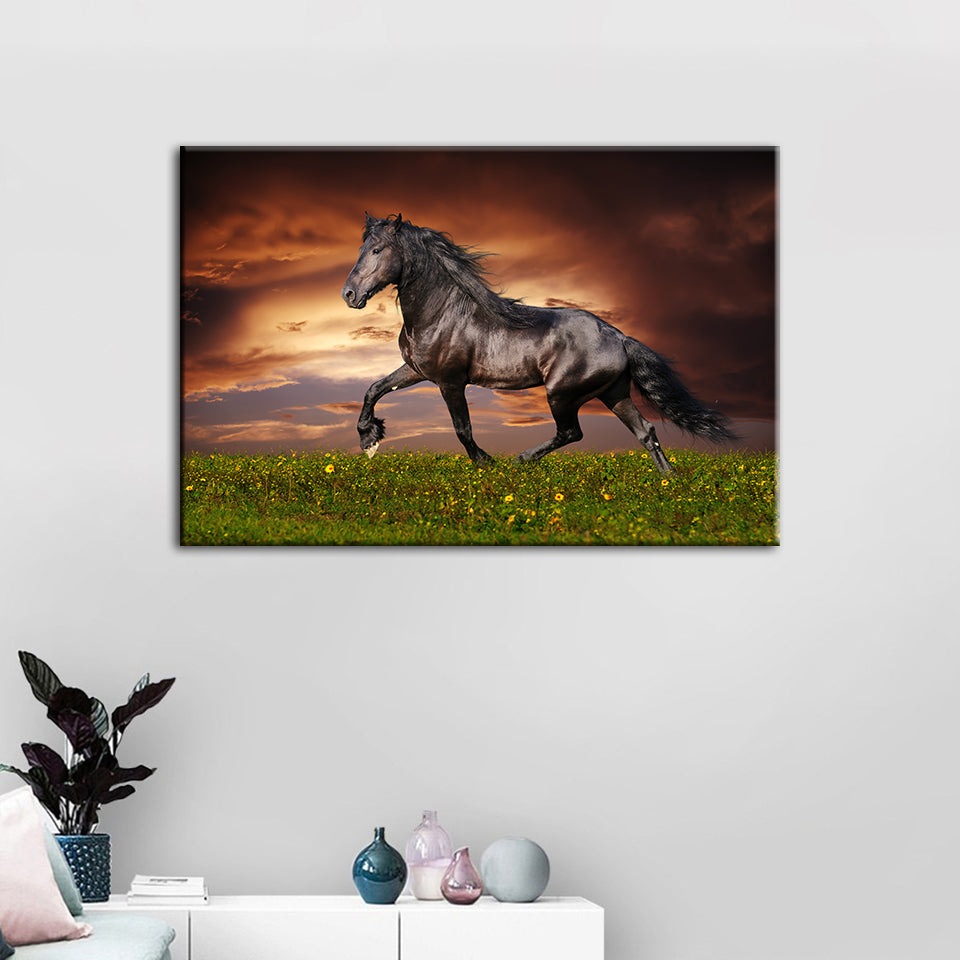 Galoppierendes schwarzes Pferd – Leinwandbild