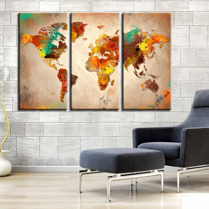 Schöne abstrakte mehrfarbige Weltkarte - Leinwand Wandkunst Malerei 3 Stücke