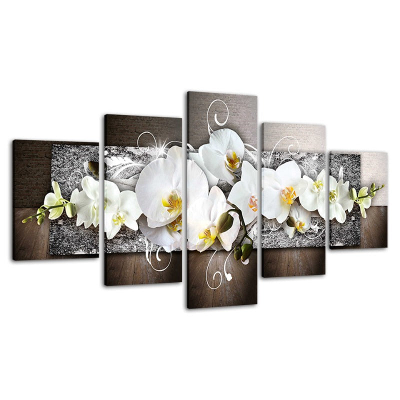 5-teiliges Leinwandbild mit silbernem Hintergrund und weißen Blumen