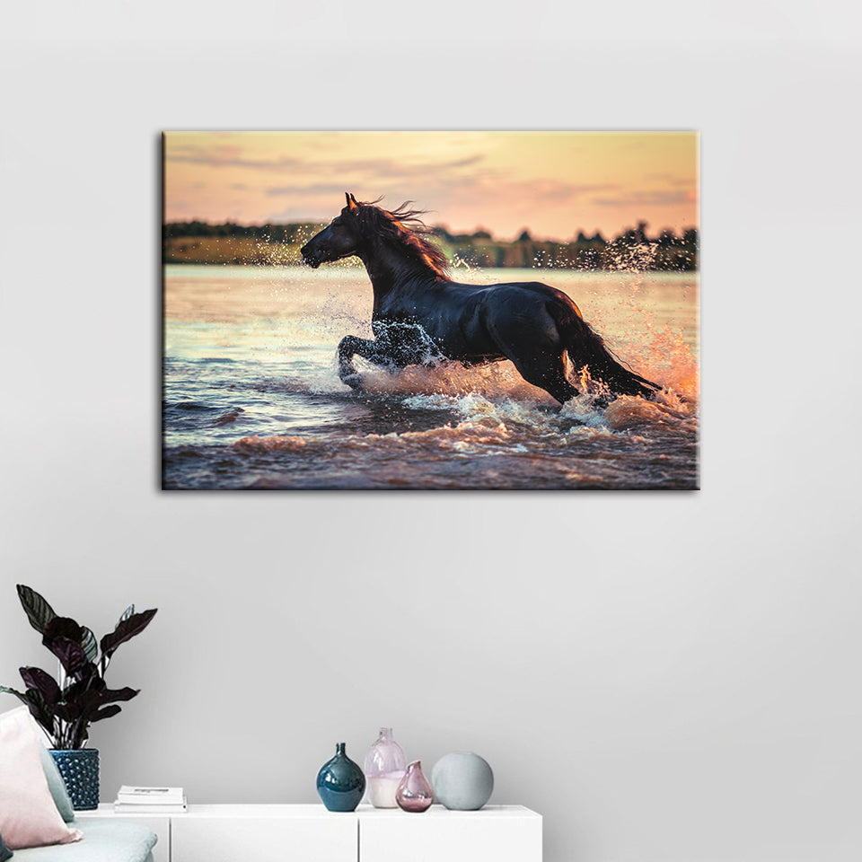 Galoppierendes Pferd im Wasser – Leinwandbild