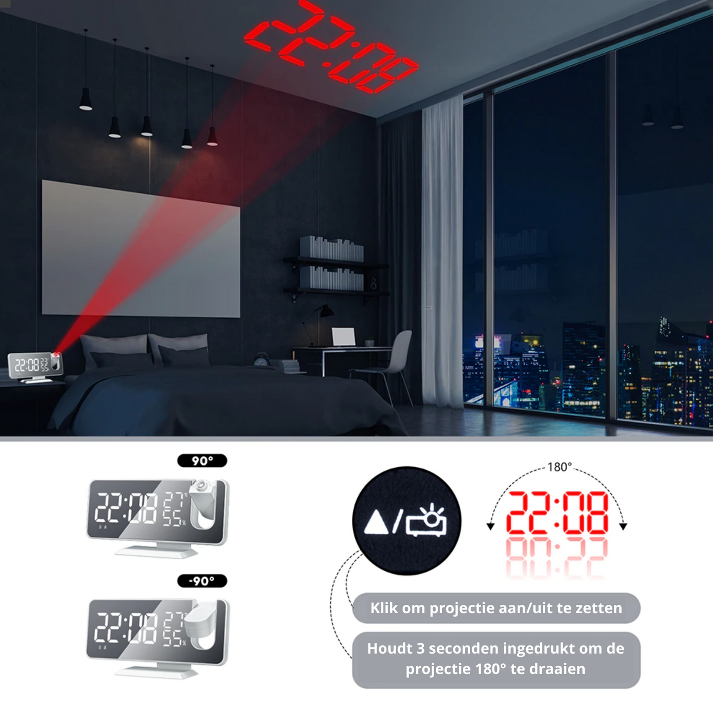 Astronatic | Der Beste Wecker mit LED-Bildschirm - 180° Projektor - USB-Ladegerät
