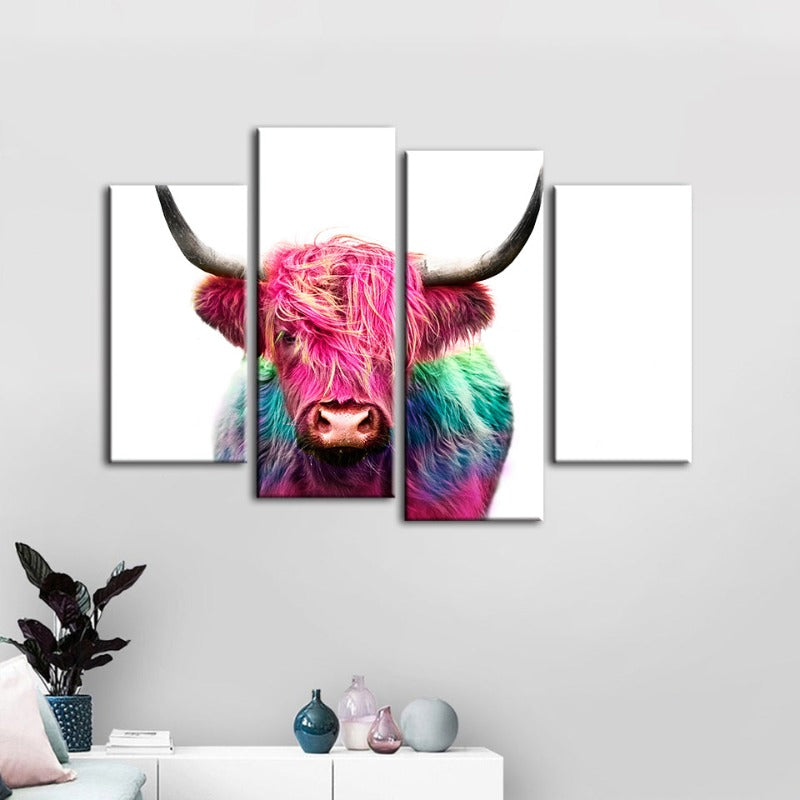 4-teiliges Farbige Pinke Kuh - Leinwand Wandkunst Gemälde