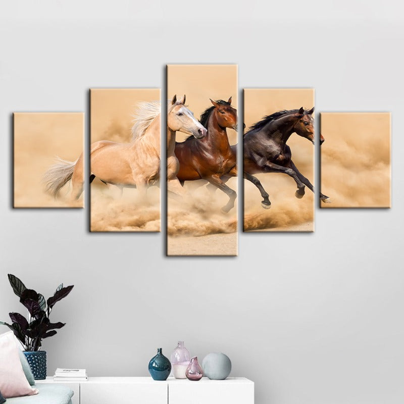 5 Stück Drei laufende Pferde in der Wüste - Leinwand Wandkunst Gemälde