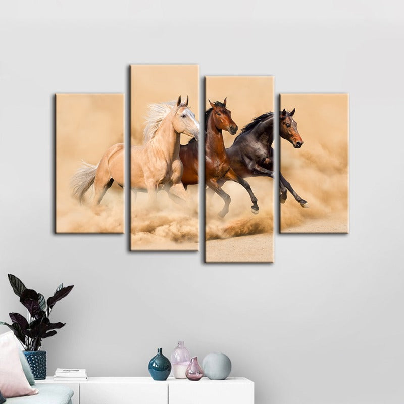 4 Stück Drei laufende Pferde in der Wüste - Leinwand Wandkunst Gemälde