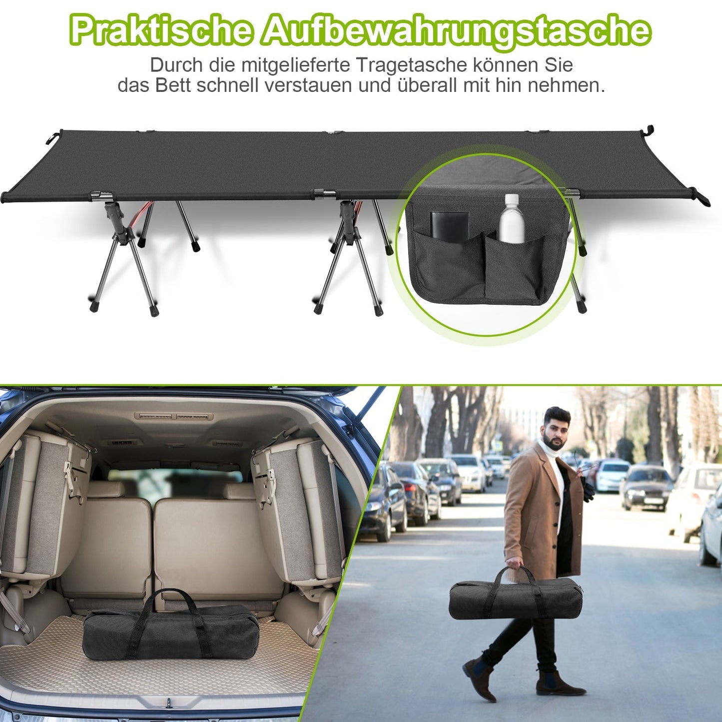 Feldbett Schwarz Klappbett Campingbett Höhenverstellbar | Brehn