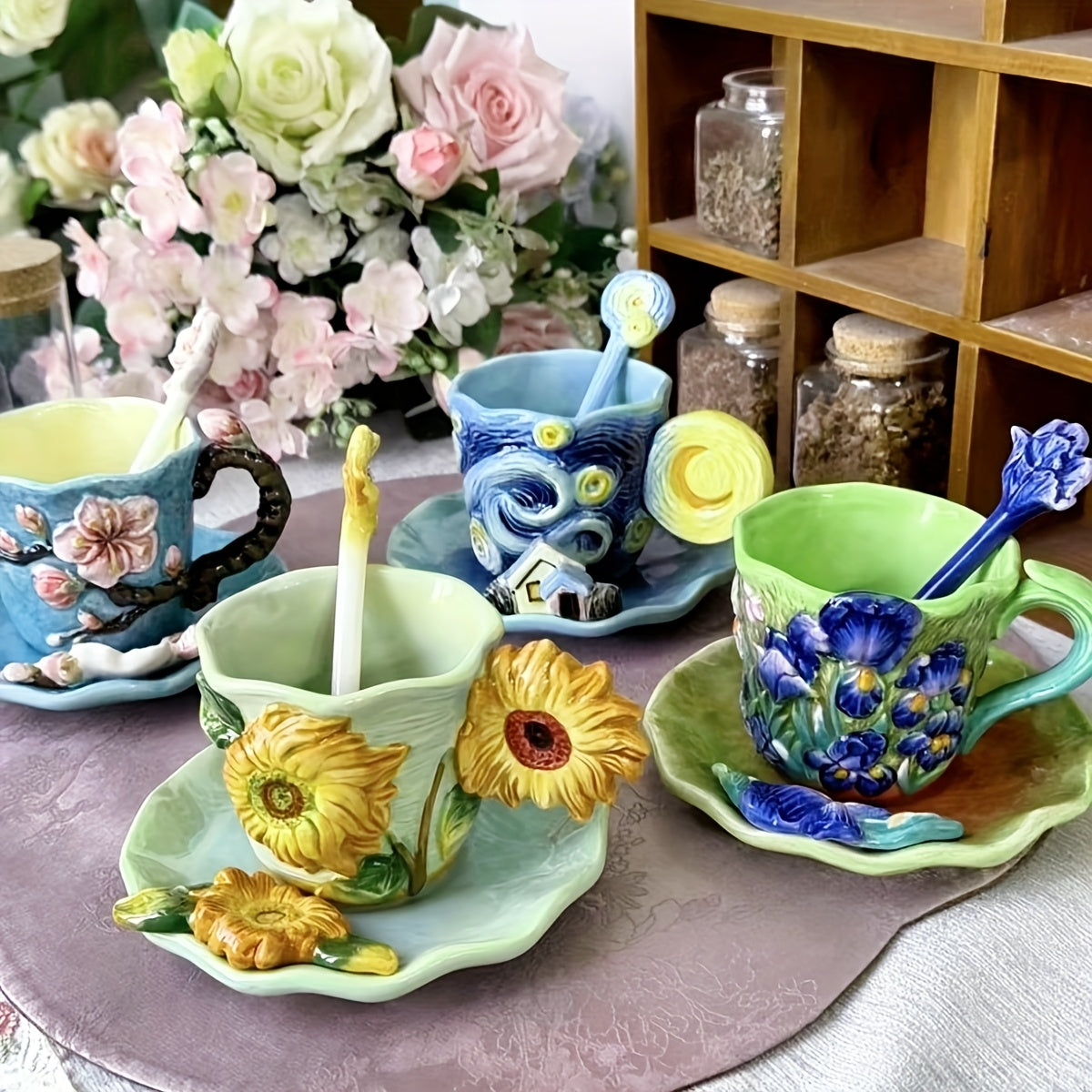 ArtSip Keramiktasse & Untertasse Set – Handgemalte 3D-Design inspiriert von Van Gogh | Brehn