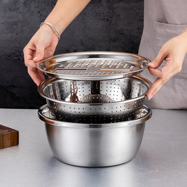 3-in-1 Rührschüssel-Set Edelstahl mit Reibe und Sieb | Brehn