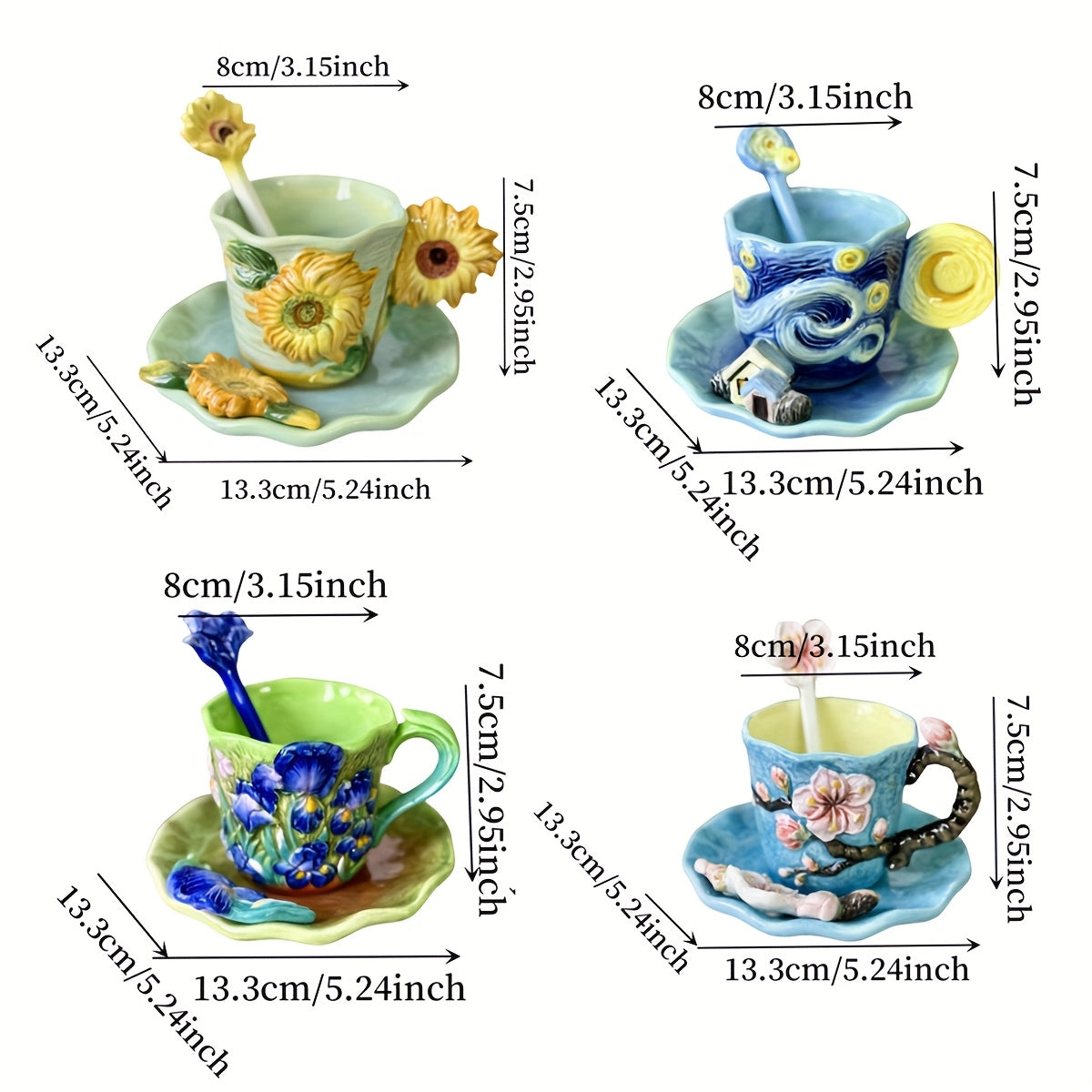 ArtSip Keramiktasse & Untertasse Set – Handgemalte 3D-Design inspiriert von Van Gogh | Brehn
