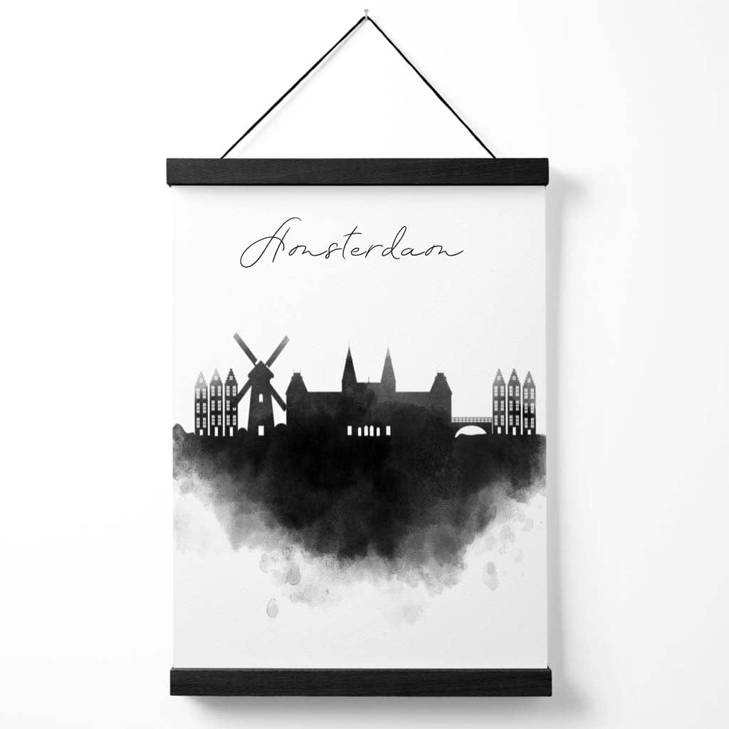 Amsterdamer Stadtposter mit Aquarell-Skyline und Aufhänger