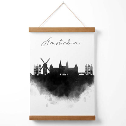 Amsterdamer Stadtposter mit Aquarell-Skyline und Aufhänger
