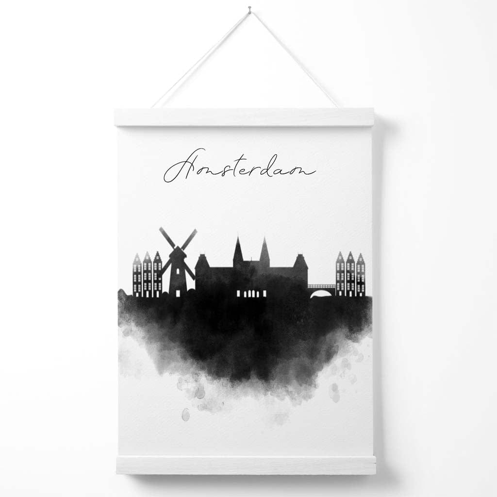 Amsterdamer Stadtposter mit Aquarell-Skyline und Aufhänger