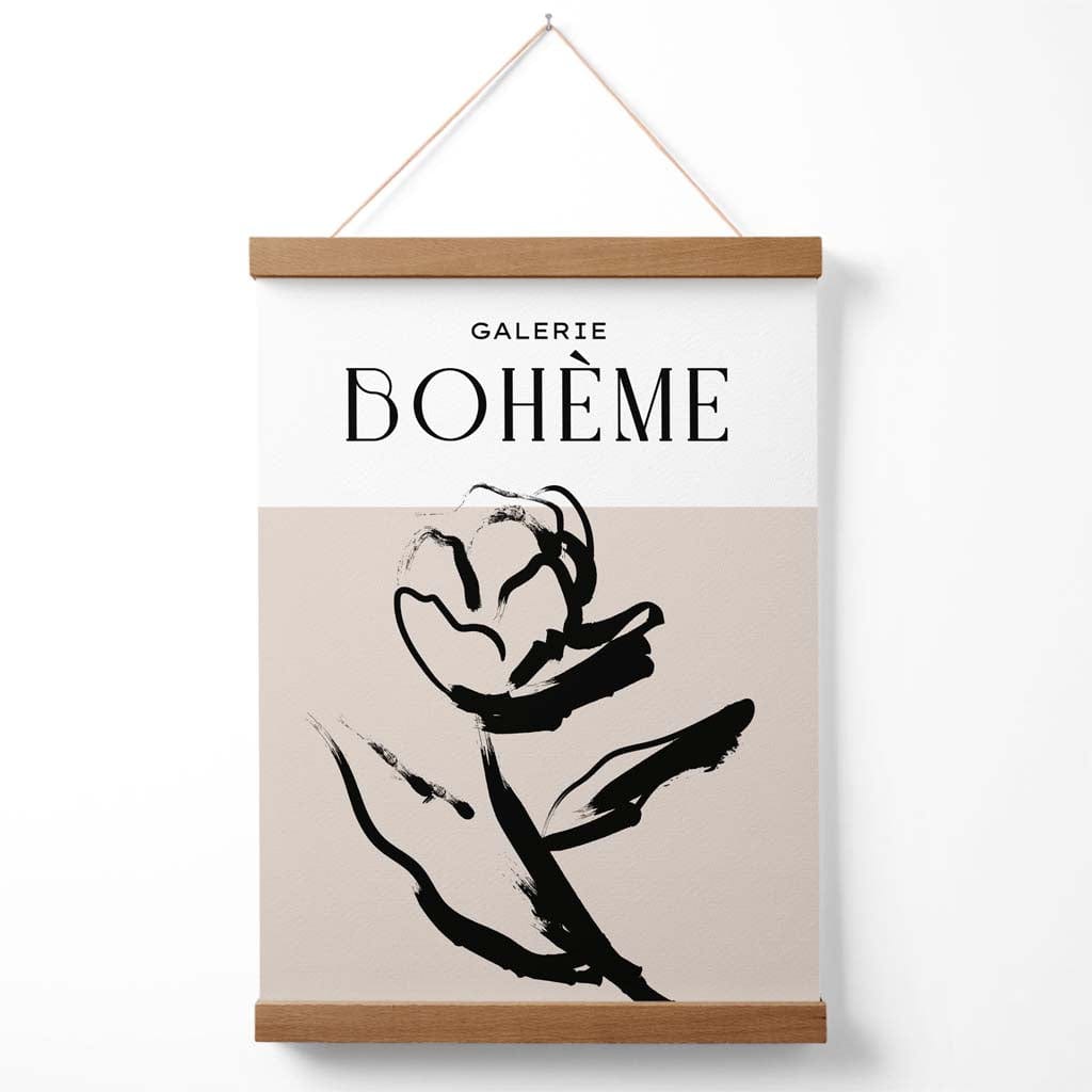 Beige-schwarzes Rosen-Boho-Skizzen-Blumenposter mit Aufhängung