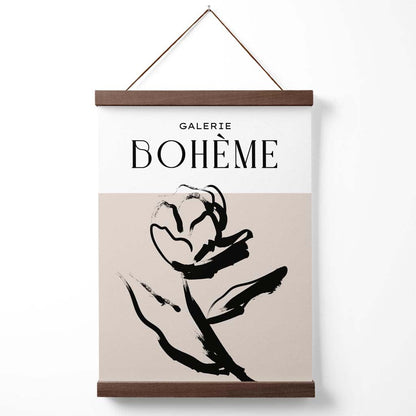 Beige-schwarzes Rosen-Boho-Skizzen-Blumenposter mit Aufhängung