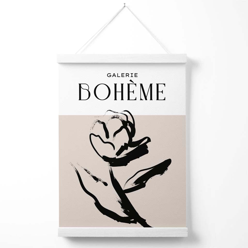 Beige-schwarzes Rosen-Boho-Skizzen-Blumenposter mit Aufhängung