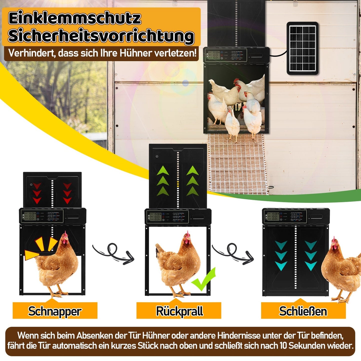 Elektrische Hühnerklappe Solar mit LED Display und Fernbedienung | Brehn