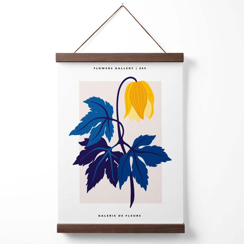 Abstraktes gelbes und blaues Tulpenmarkt-Galerieplakat mit Aufhänger