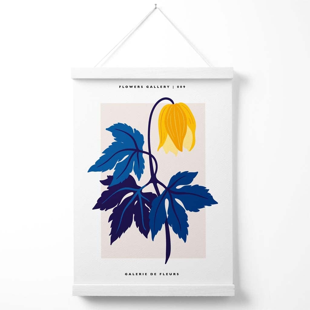 Abstraktes gelbes und blaues Tulpenmarkt-Galerieplakat mit Aufhänger