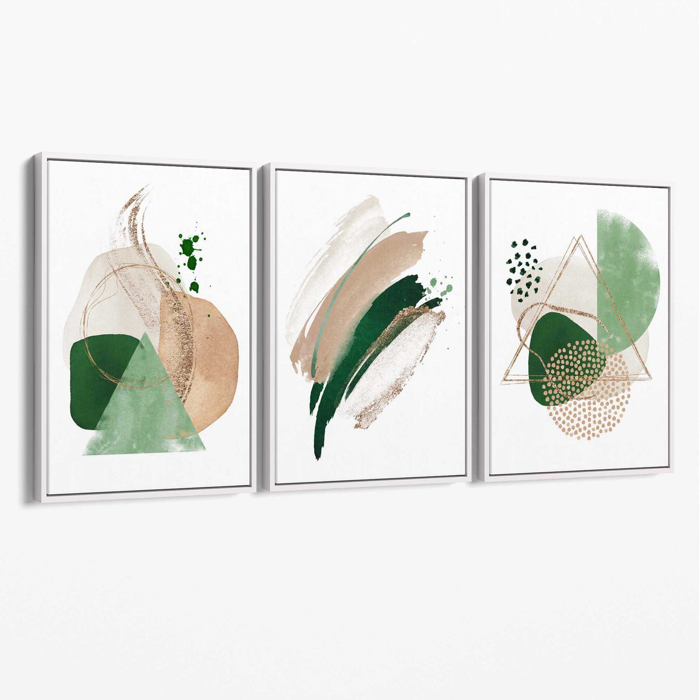 Abstraktes Set aus 3 Kunstdrucken auf Leinwand in Salbeigrün und Beige