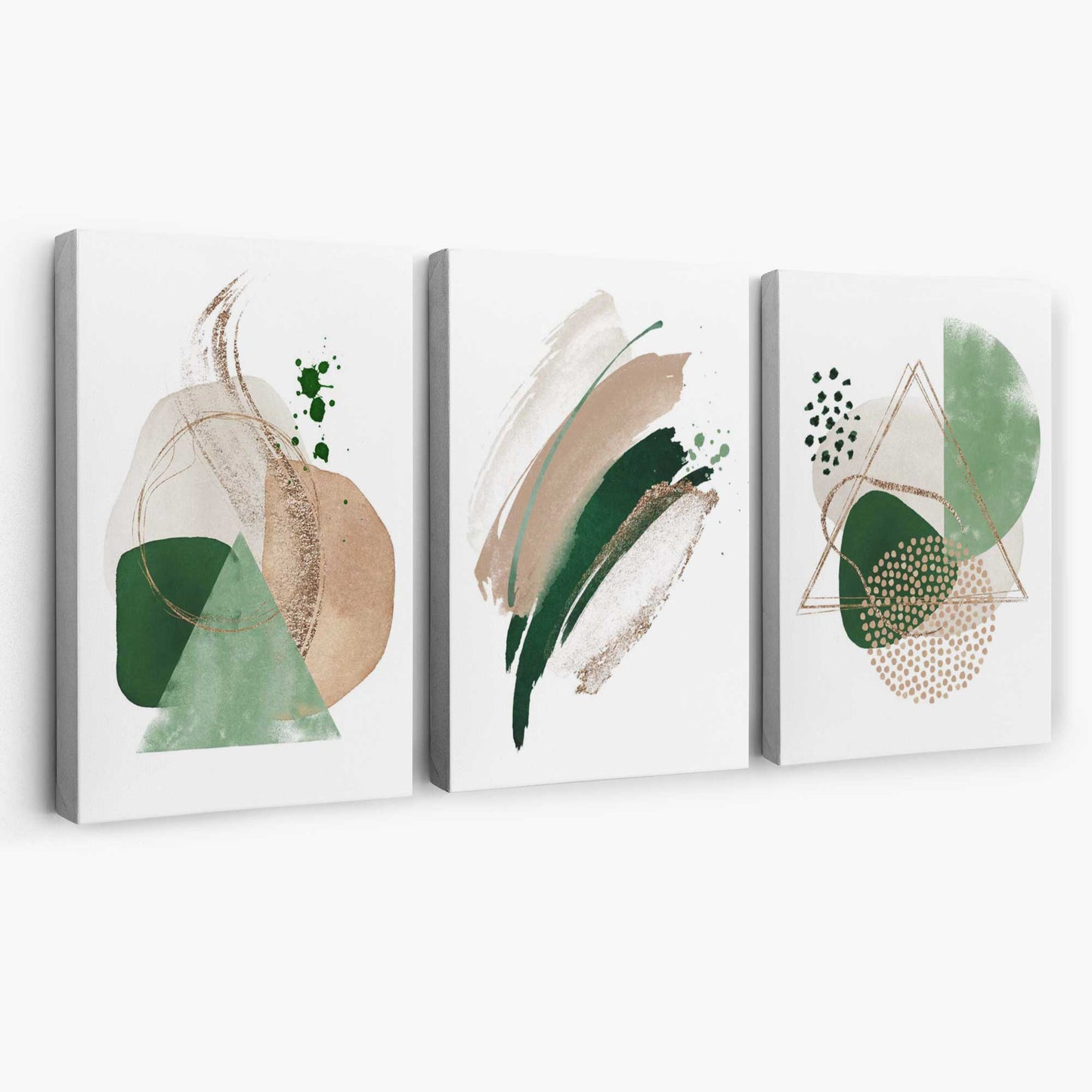 Abstraktes Set aus 3 Kunstdrucken auf Leinwand in Salbeigrün und Beige