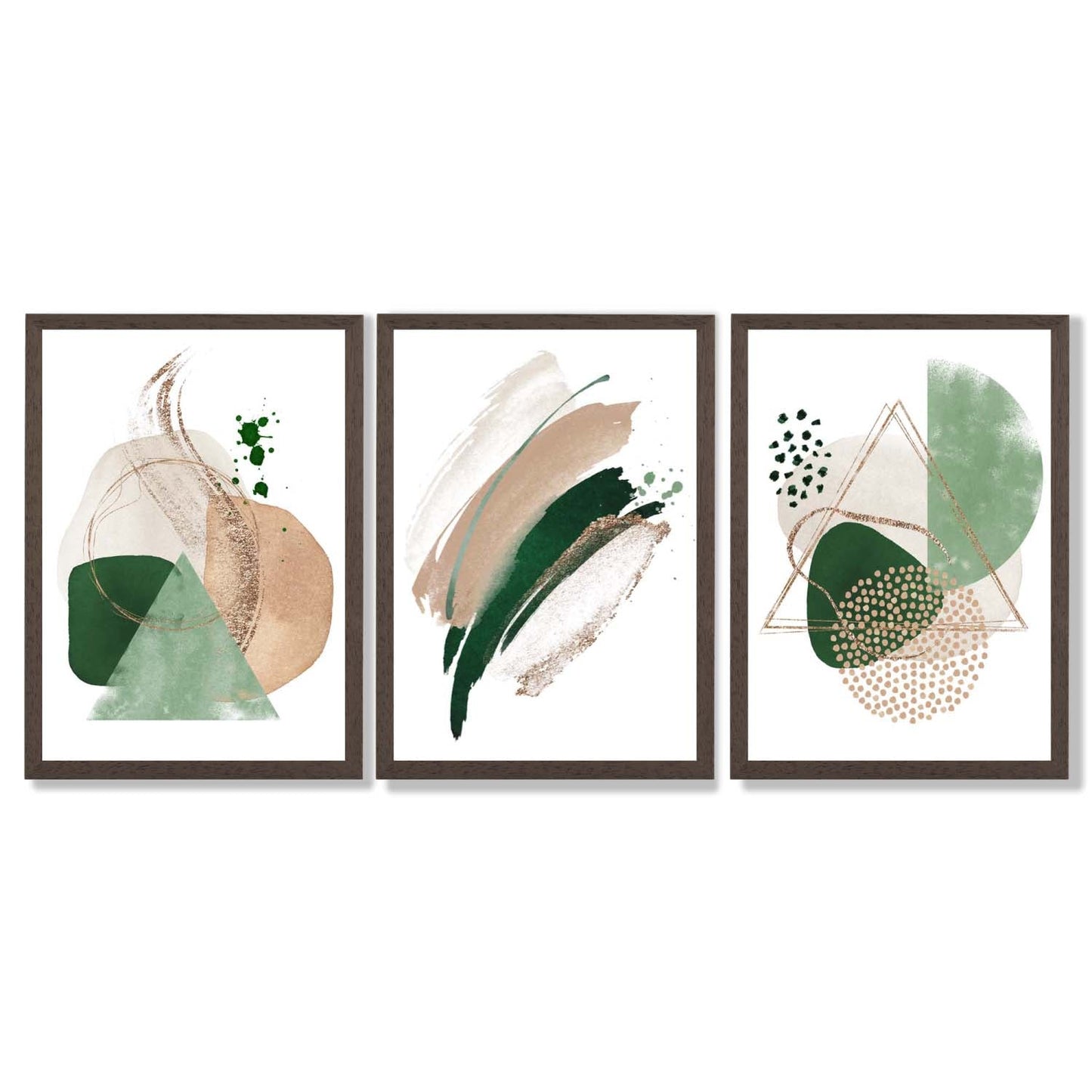 Abstraktes Set aus 3 gerahmten Kunstdrucken in Salbeigrün und Beige