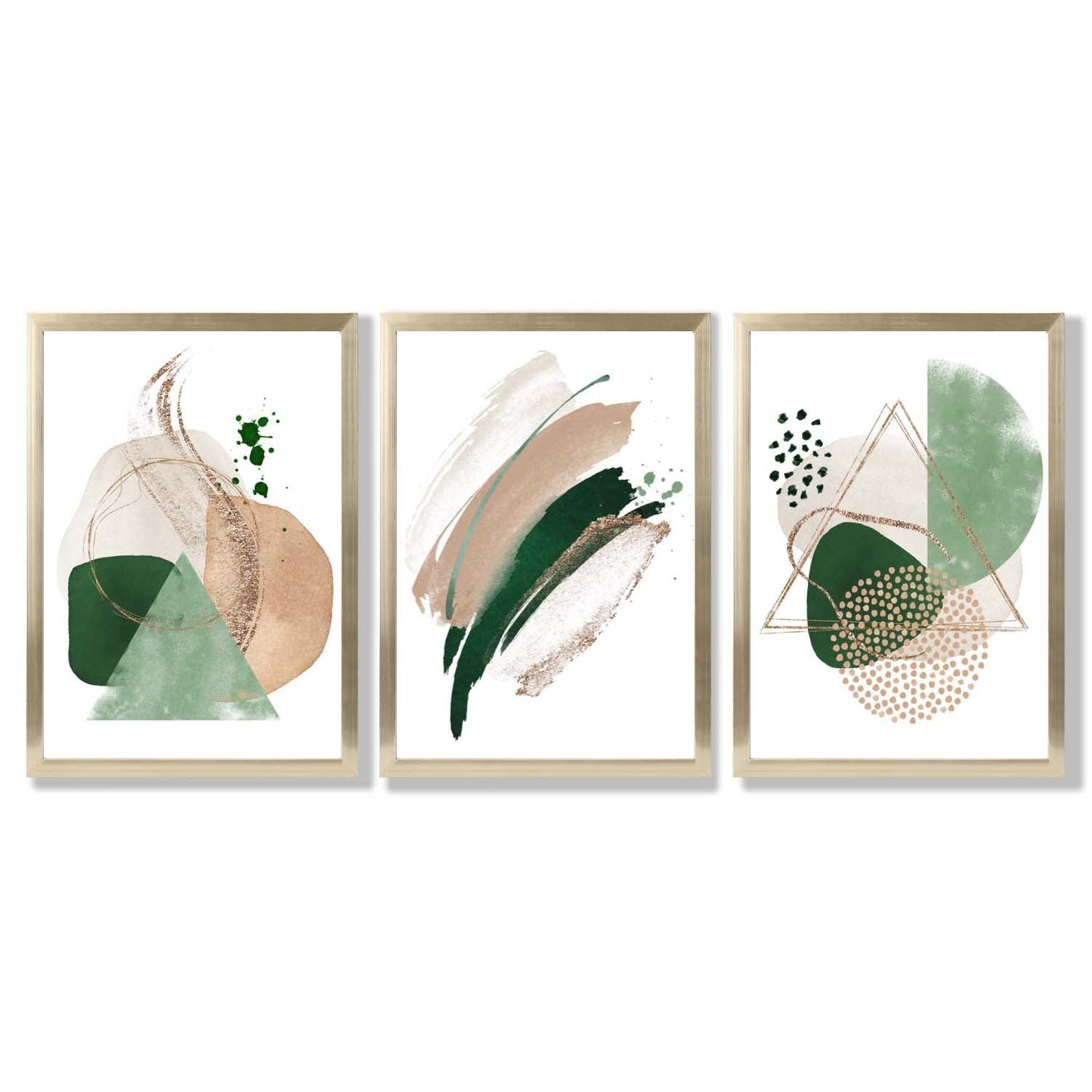Abstraktes Set aus 3 gerahmten Kunstdrucken in Salbeigrün und Beige