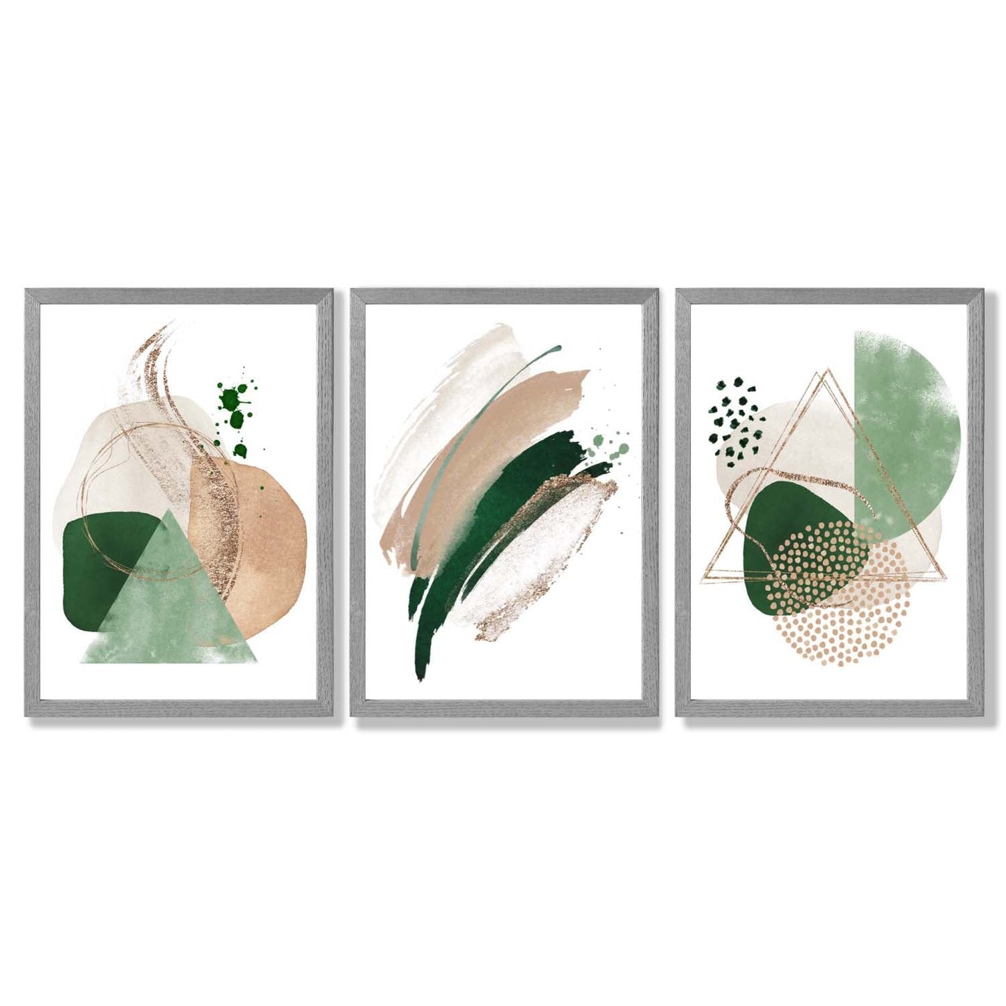 Abstraktes Set aus 3 gerahmten Kunstdrucken in Salbeigrün und Beige