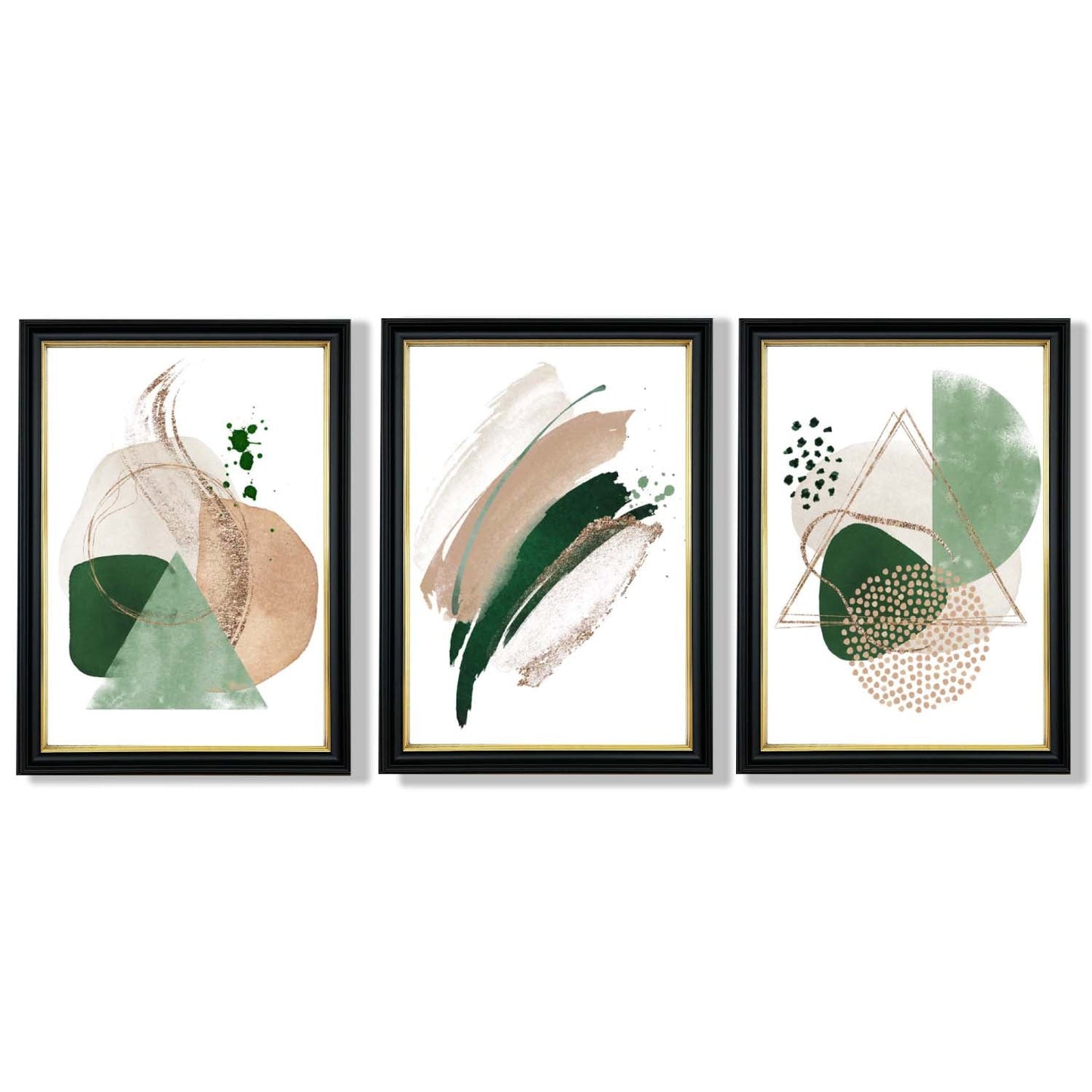 Abstraktes Set aus 3 gerahmten Kunstdrucken in Salbeigrün und Beige