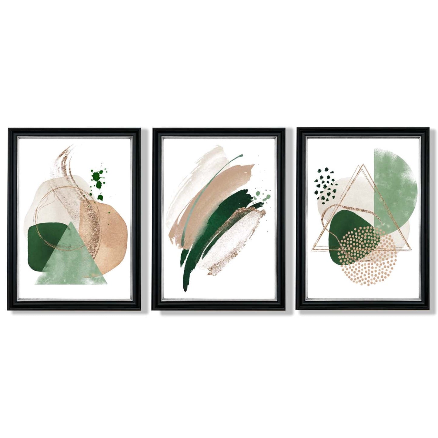 Abstraktes Set aus 3 gerahmten Kunstdrucken in Salbeigrün und Beige