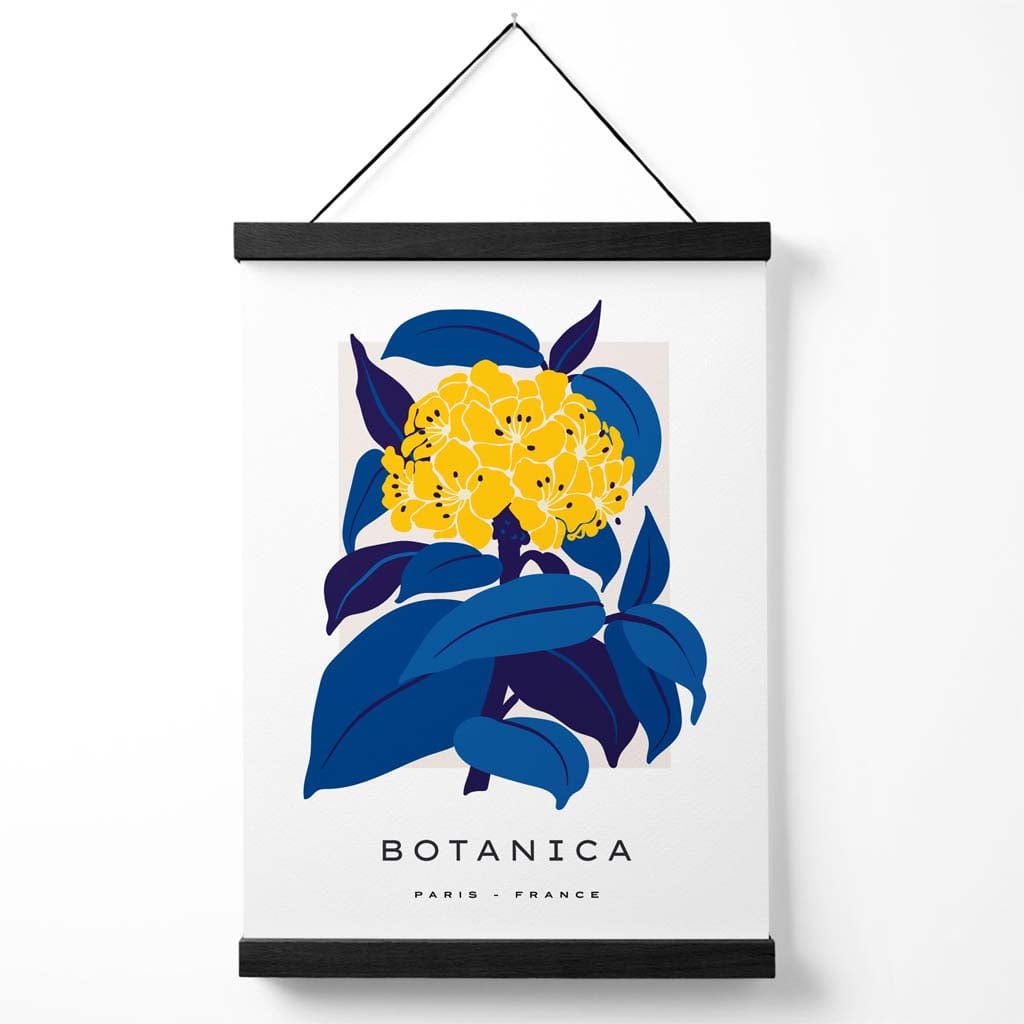 Abstraktes Marktplakat mit gelben und blauen Hortensienblüten und Aufhänger