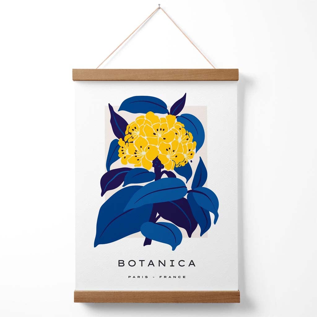 Abstraktes Marktplakat mit gelben und blauen Hortensienblüten und Aufhänger