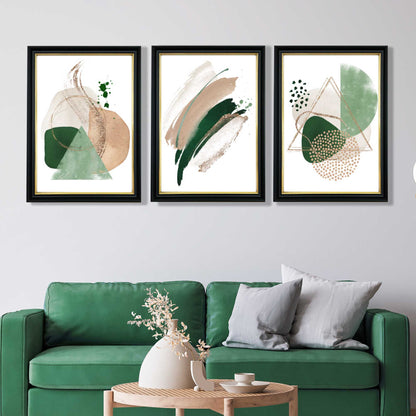Abstraktes Set aus 3 Kunstdrucken in Salbeigrün und Beige