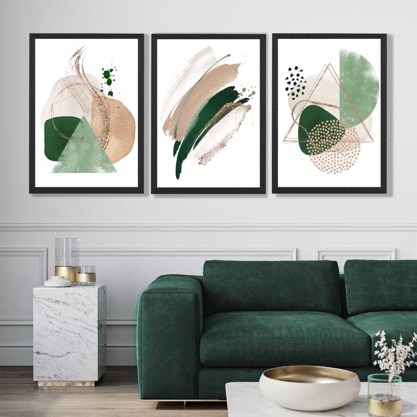 Abstraktes Set aus 3 gerahmten Kunstdrucken in Salbeigrün und Beige