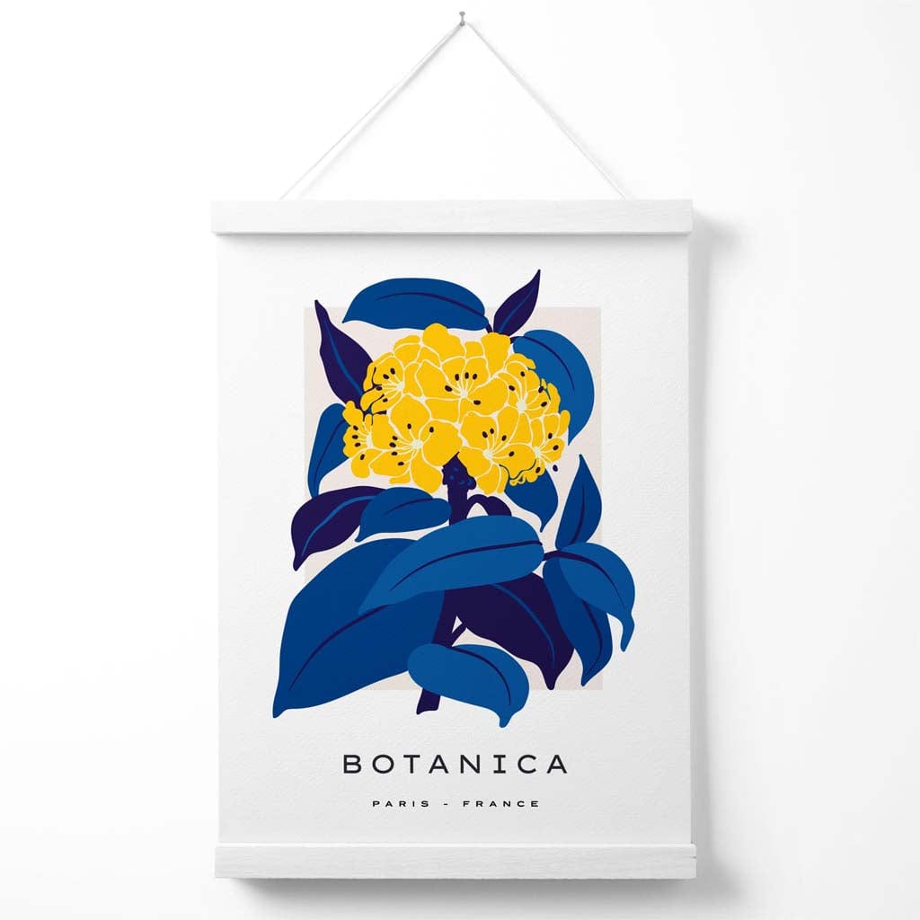Abstraktes Marktplakat mit gelben und blauen Hortensienblüten und Aufhänger