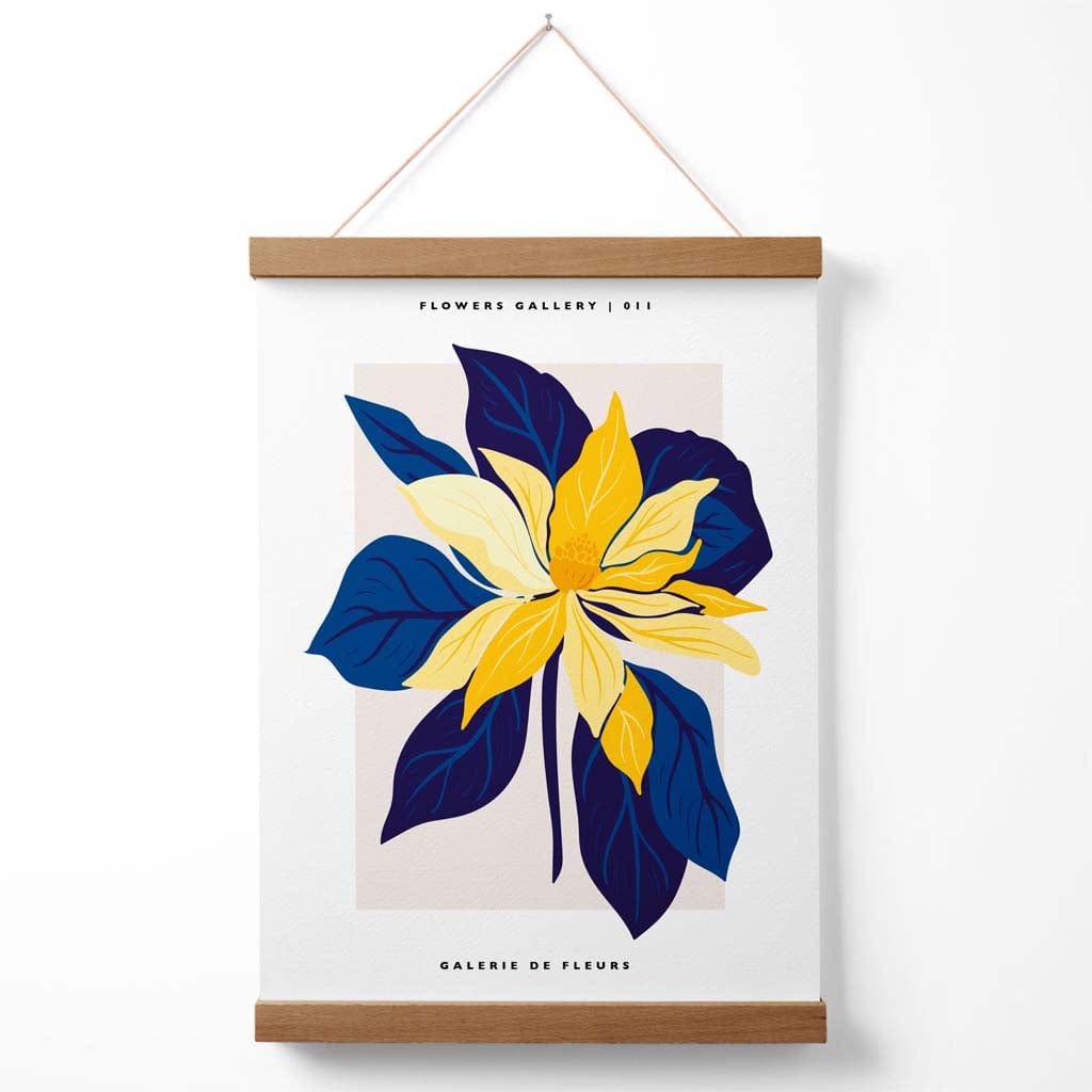 Abstraktes Marktplakat mit blauen und gelben Lilien (mit Aufhänger)