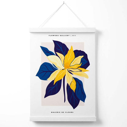 Abstraktes Marktplakat mit blauen und gelben Lilien (mit Aufhänger)