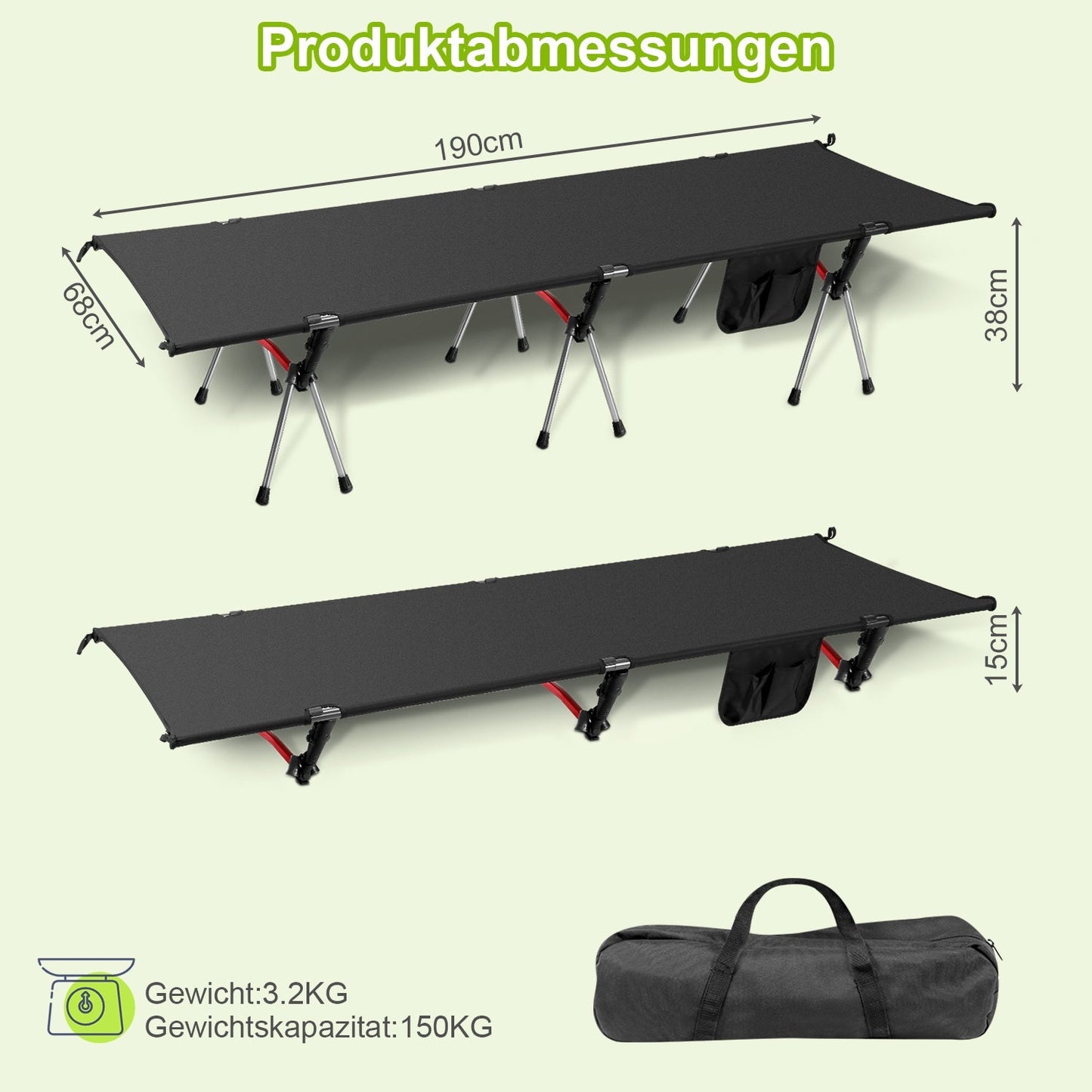 Feldbett Schwarz Klappbett Campingbett Höhenverstellbar | Brehn
