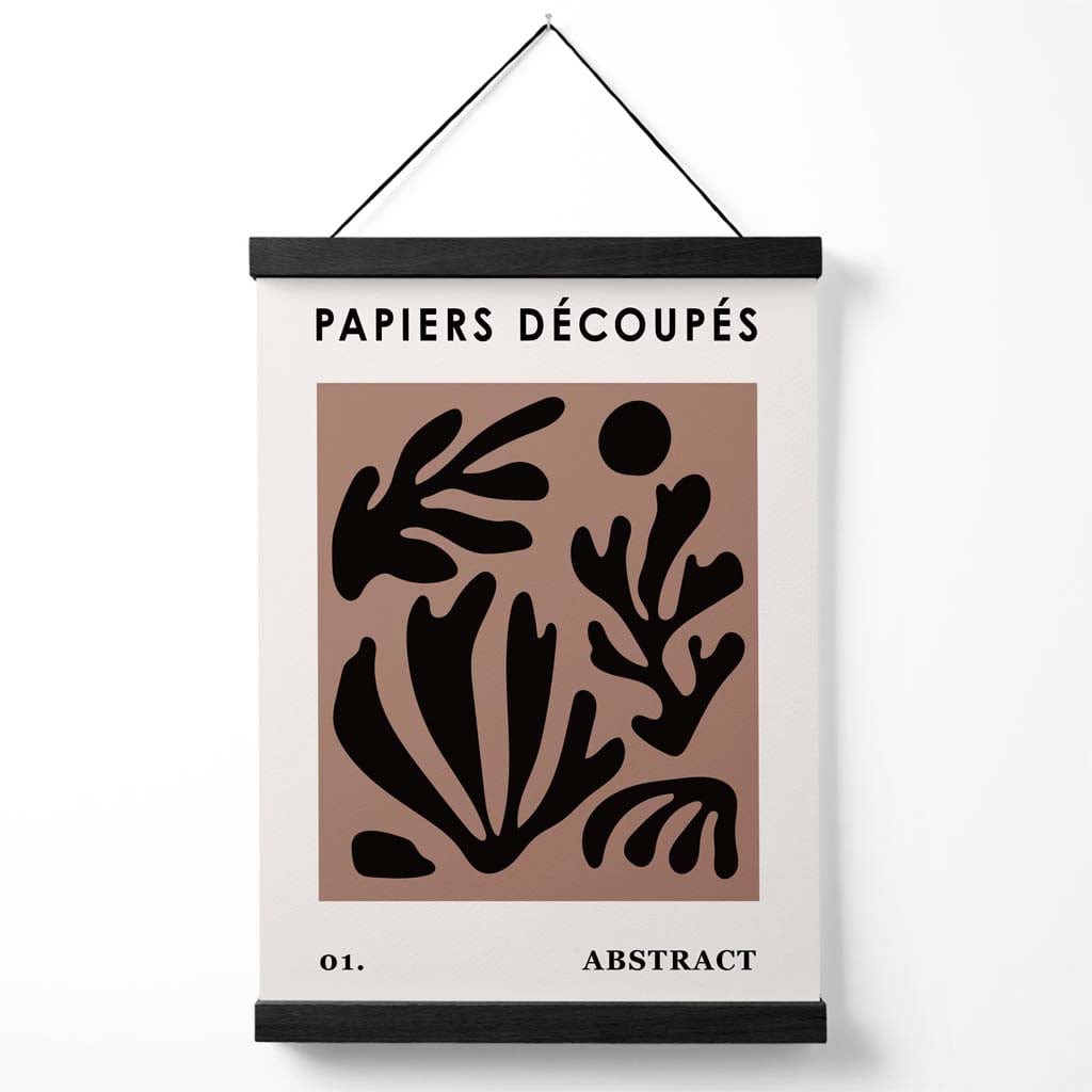 Braunes und schwarzes Poster im Matisse-Stil mit floralem Ausschnitt und Aufhänger