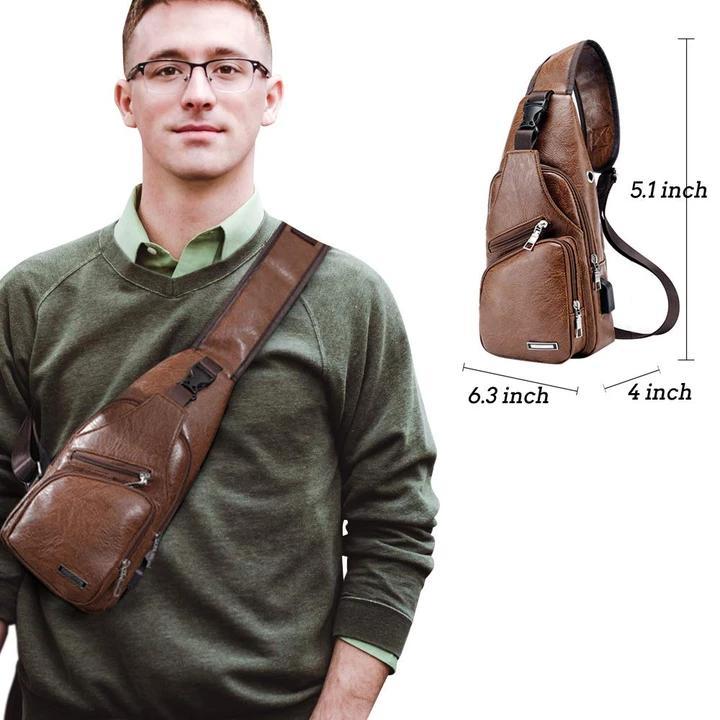 Brehn | Große Herren-Leder-Tasche Brust-Rucksack Wasserfester Crossbody-Bag mit USB