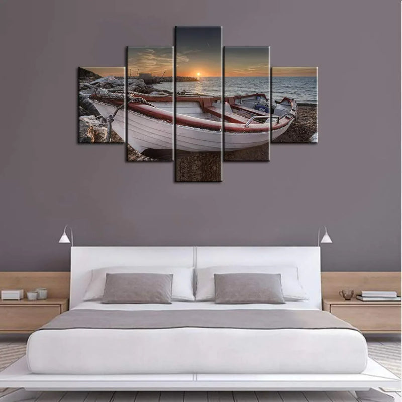 Set mit 5 dekorativen Leinwandbildern mit Strandbootmotiven