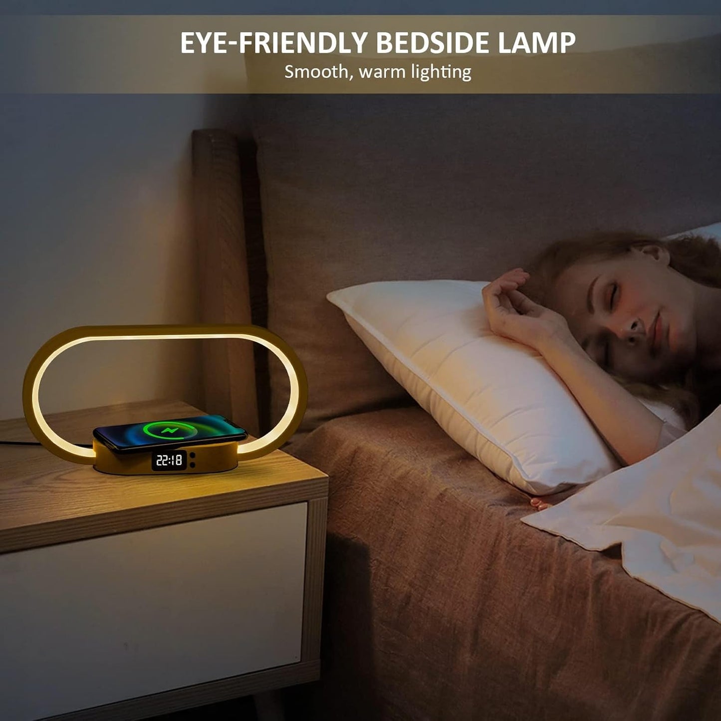 Brehn | Drahtlose Lade-Nachttischlampe mit Uhr – Lumora